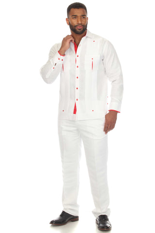 Mojito Men's 100% Linen Guayabera Chacabana Shirt Long Sleeve with Contrast Accent Trim