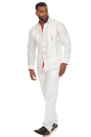 Mojito Men's 100% Linen Guayabera Chacabana Shirt Long Sleeve with Contrast Accent Trim