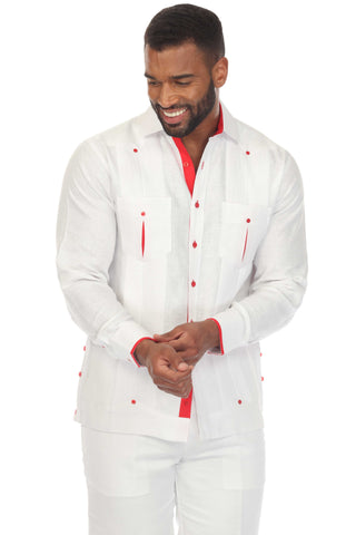 Mojito Men's 100% Linen Guayabera Chacabana Shirt Long Sleeve with Contrast Accent Trim