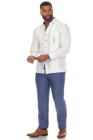 Mojito Men's 100% Linen Guayabera Chacabana Shirt Long Sleeve with Contrast Accent Trim