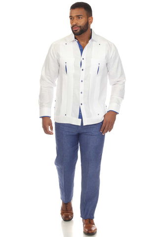 Mojito Men's 100% Linen Guayabera Chacabana Shirt Long Sleeve with Contrast Accent Trim