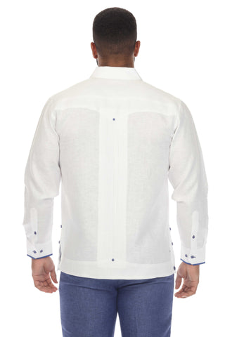 Mojito Men's 100% Linen Guayabera Chacabana Shirt Long Sleeve with Contrast Accent Trim