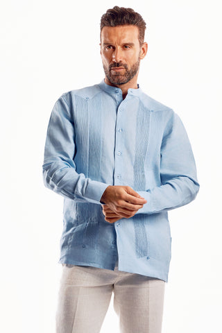 Mojito Men’s 100% Linen Mandarin Collar Resort Wedding Guayabera with Pleated Detailing