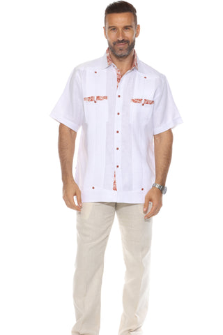 Mojito Men's Guayabera Shirt Short Sleeve 100% Linen with Stylish Print Trim Accent