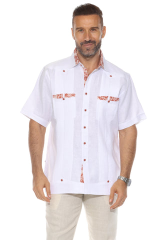 Mojito Men's Guayabera Shirt Short Sleeve 100% Linen with Stylish Print Trim Accent