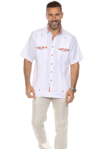 Mojito Men's Guayabera Shirt Short Sleeve 100% Linen with Stylish Print Trim Accent