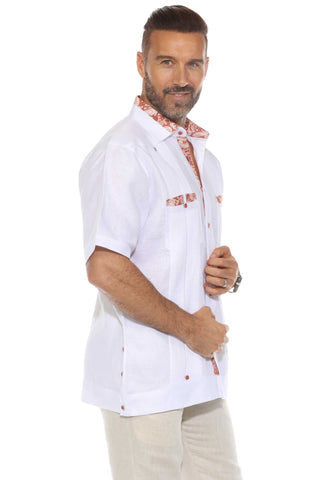 Mojito Men's Guayabera Shirt Short Sleeve 100% Linen with Stylish Print Trim Accent