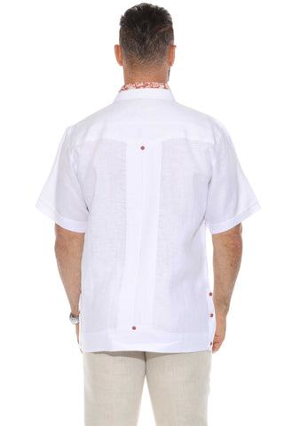 Mojito Men's Guayabera Shirt Short Sleeve 100% Linen with Stylish Print Trim Accent