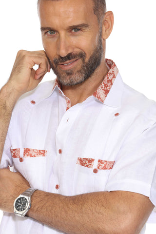 Mojito Men's Guayabera Shirt Short Sleeve 100% Linen with Stylish Print Trim Accent