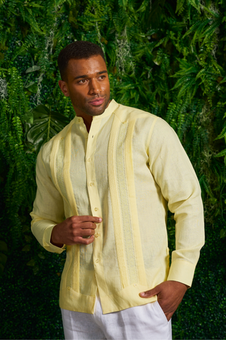 Mojito Men's 100% Linen Mandarin Collar Guayabera Chacabana Shirt Long Sleeve with Embroidery Trim Accent