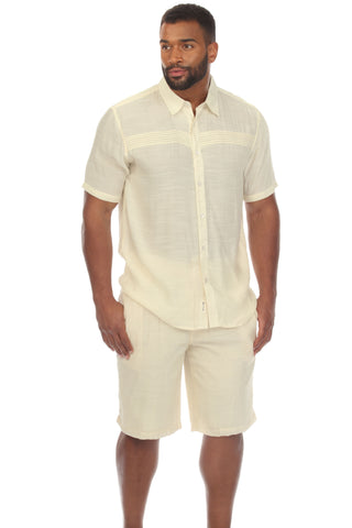 Men's Beach Button Down Shirt Short Sleeve with Pleated Trim