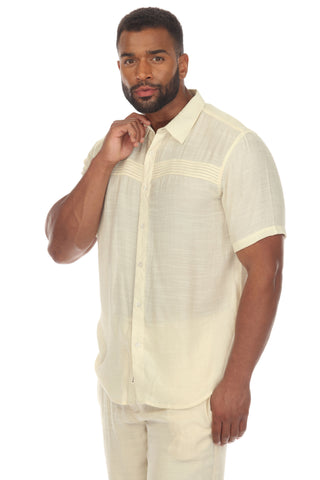 Men's Beach Button Down Shirt Short Sleeve with Pleated Trim