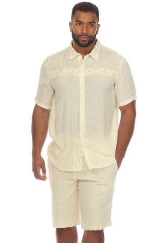 Men's Beach Button Down Shirt Short Sleeve with Pleated Trim