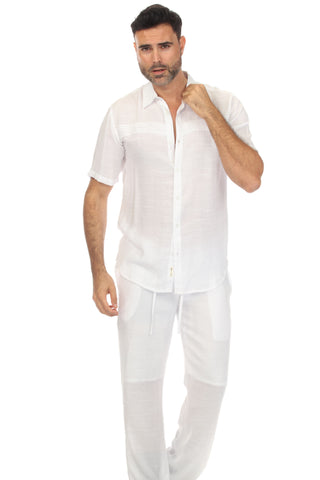 Men's Beach Button Down Shirt Short Sleeve with Pleated Trim