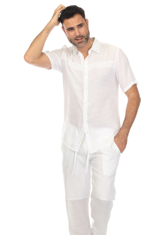 Men's Beach Button Down Shirt Short Sleeve with Pleated Trim