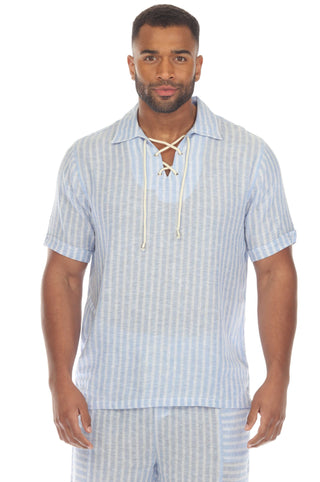 Mojito Men's Causal Beach Resort Wear Shirt with Pinstripe Print Linen Blend Short Sleeve Lace Up Neckline