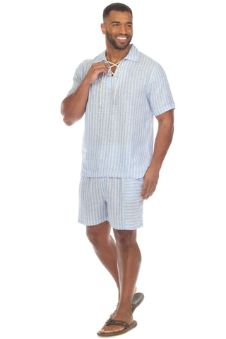 Mojito Men's Causal Beach Resort Wear Shirt with Pinstripe Print Linen Blend Short Sleeve Lace Up Neckline