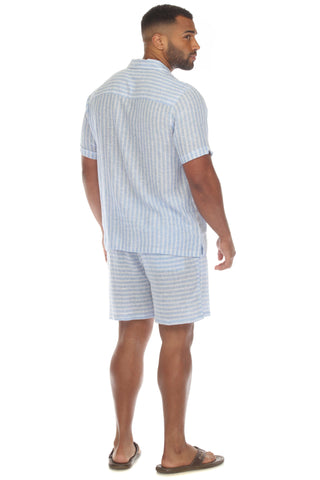 Mojito Men's Causal Beach Resort Wear Shirt with Pinstripe Print Linen Blend Short Sleeve Lace Up Neckline