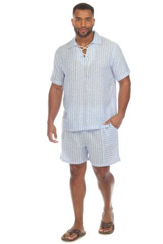 Mojito Men's Causal Beach Resort Wear Shirt with Pinstripe Print Linen Blend Short Sleeve Lace Up Neckline