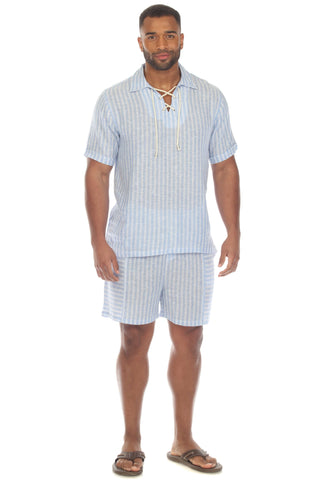 Mojito Men's Causal Beach Resort Wear Shirt with Pinstripe Print Linen Blend Short Sleeve Lace Up Neckline