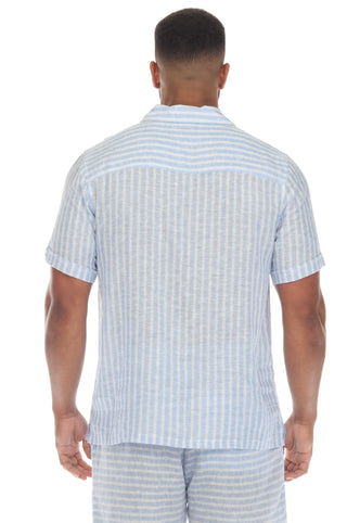 Mojito Men's Causal Beach Resort Wear Shirt with Pinstripe Print Linen Blend Short Sleeve Lace Up Neckline