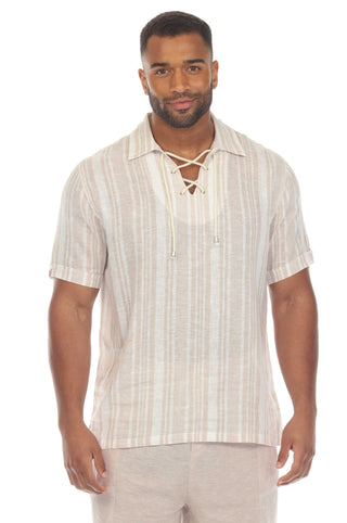 Mojito Men's Causal Beach Resort Wear Shirt with Pinstripe Print Linen Blend Short Sleeve Lace Up Neckline