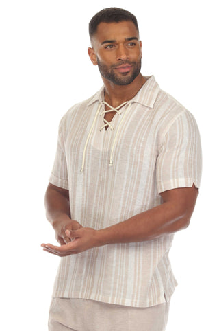 Mojito Men's Causal Beach Resort Wear Shirt with Pinstripe Print Linen Blend Short Sleeve Lace Up Neckline