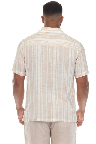 Mojito Men's Causal Beach Resort Wear Shirt with Pinstripe Print Linen Blend Short Sleeve Lace Up Neckline