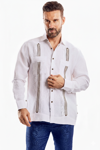 Mojito Men's Plus Size Embroidery Trimmed Guayabera Shirt Chacabana 100% Linen Long Sleeve