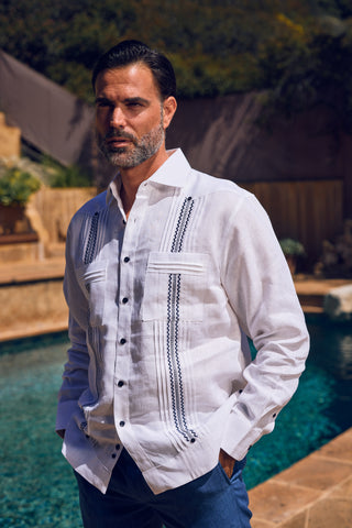 Men's 100% Linen Guayabera Shirt Long Sleeve with Embroidered Trim