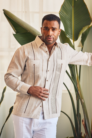 Mojito Men's Guayabera Shirt Chacabana with Contrast Trim 100% Linen Long Sleeve