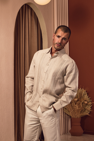 Mojito Men’s 100% Linen Formal Guayabera Long Sleeve Pleated Shirt with French Cuffs