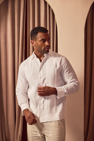 Mojito Men’s 100% Linen Formal Guayabera Long Sleeve Pleated Shirt with French Cuffs