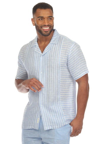 Mojito Men's Causal Beach Resort Wear Shirt with Pinstripe Print Linen Blend Short Sleeve Button Down