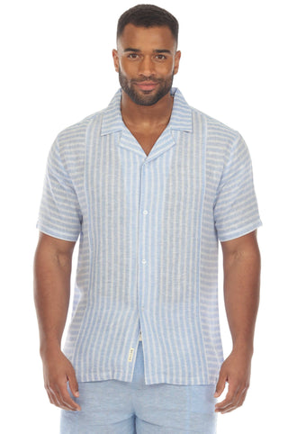 Mojito Men's Causal Beach Resort Wear Shirt with Pinstripe Print Linen Blend Short Sleeve Button Down