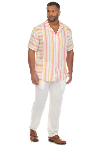 Mojito Men's Causal Beach Resort Wear Shirt with Pinstripe Print Linen Blend Short Sleeve Button Down