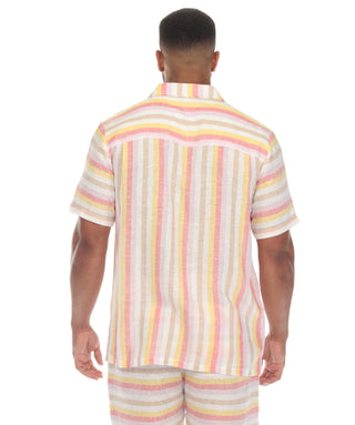 Mojito Men's Causal Beach Resort Wear Shirt with Pinstripe Print Linen Blend Short Sleeve Button Down