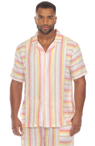 Mojito Men's Causal Beach Resort Wear Shirt with Pinstripe Print Linen Blend Short Sleeve Button Down