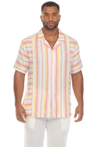 Mojito Men's Causal Beach Resort Wear Shirt with Pinstripe Print Linen Blend Short Sleeve Button Down