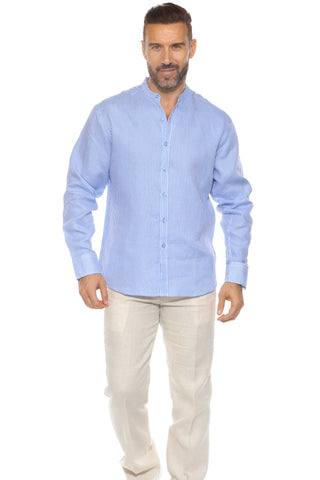 Mojito Men's Pinstripe Mandarin Collar Shirt 100% Linen Long Sleeve Button Down