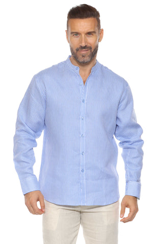 Mojito Men's Pinstripe Mandarin Collar Shirt 100% Linen Long Sleeve Button Down