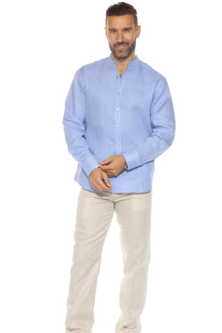 Mojito Men's Pinstripe Mandarin Collar Shirt 100% Linen Long Sleeve Button Down