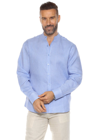 Mojito Men's Pinstripe Mandarin Collar Shirt 100% Linen Long Sleeve Button Down