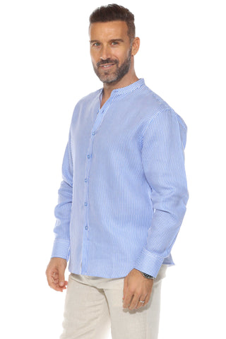 Mojito Men's Pinstripe Mandarin Collar Shirt 100% Linen Long Sleeve Button Down