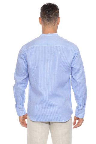Mojito Men's Pinstripe Mandarin Collar Shirt 100% Linen Long Sleeve Button Down