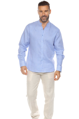 Mojito Men's Pinstripe Mandarin Collar Shirt 100% Linen Long Sleeve Button Down
