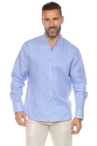 Mojito Men's Pinstripe Mandarin Collar Shirt 100% Linen Long Sleeve Button Down