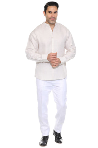 Mojito Men's Pinstripe Mandarin Collar Shirt 100% Linen Long Sleeve Button Down