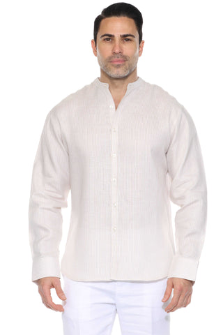 Mojito Men's Pinstripe Mandarin Collar Shirt 100% Linen Long Sleeve Button Down