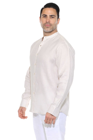 Mojito Men's Pinstripe Mandarin Collar Shirt 100% Linen Long Sleeve Button Down